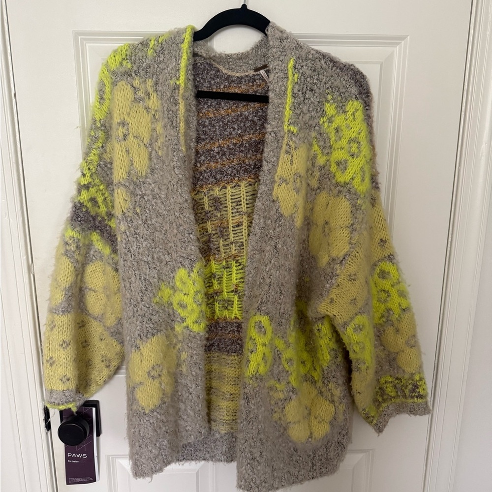 Free People Gray and Yellow Floral Cardigan Sweater